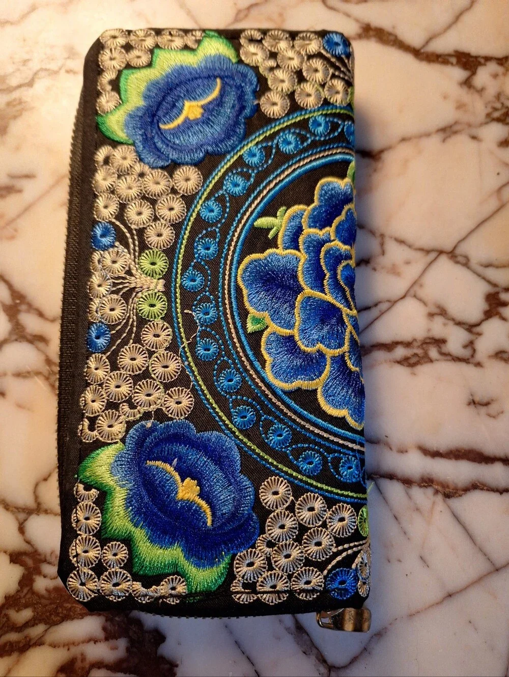 Embroidered Floral Zip Wallet - Blue & Green